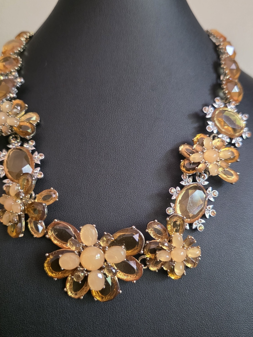 Gold-Tone Amber Floral Statement Necklace -Glamorous · Luxurious · Bold ·